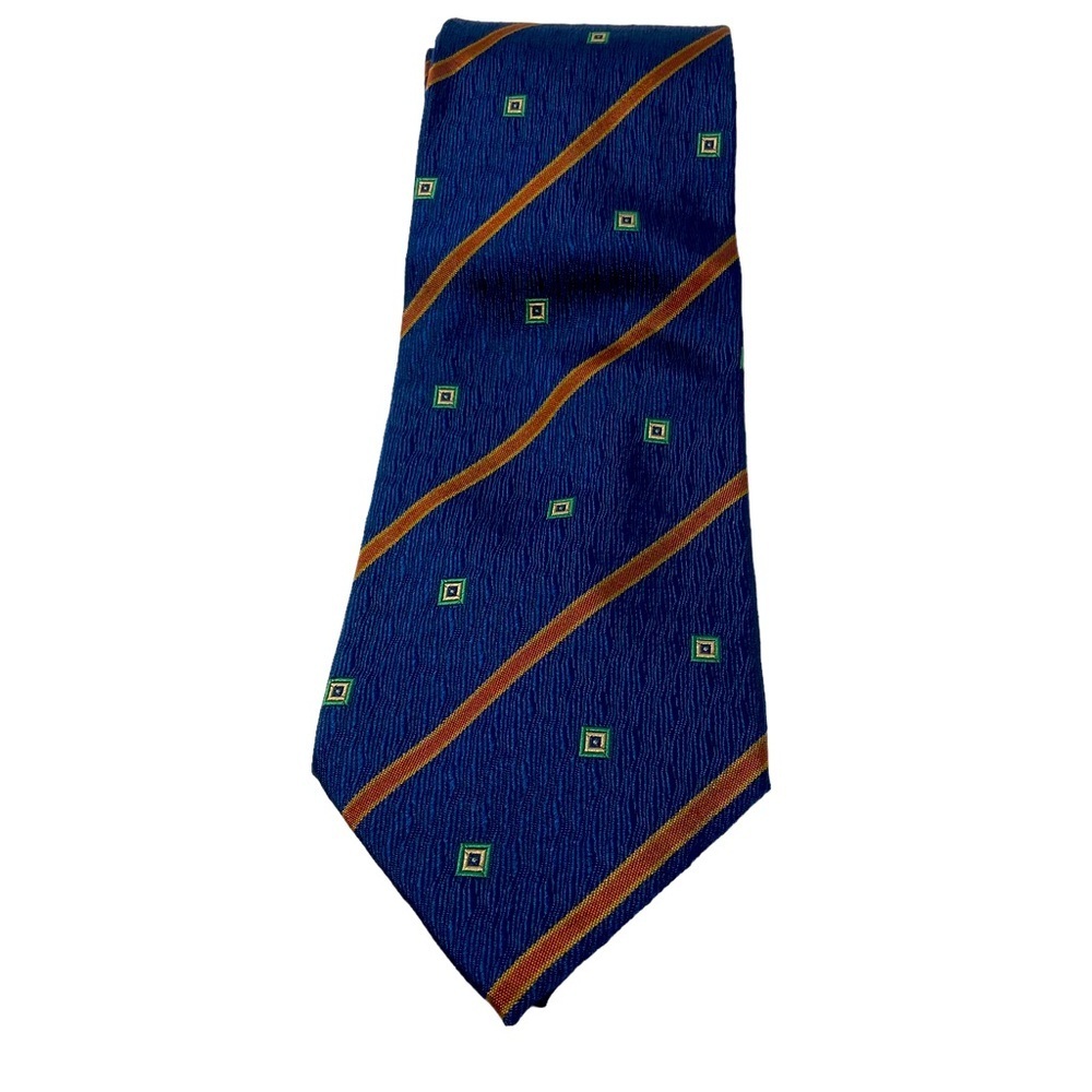 Bally Necktie. Blue with Rust Stripes and Green Squares.